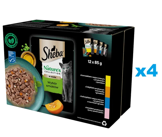SHEBA Nature’s Collection Výběr příchutí 48x85 g kompletní krmivo pro dospělé kočky v omáčce, kousky s: kuře, krůta, tuňák, losos