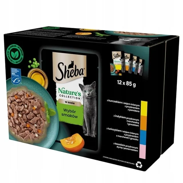 SHEBA Nature’s Collection výběr příchutí v omáčce 12x85g mokré krmivo s kuřecím, krůtím, tuňákem a lososem pro kočky
