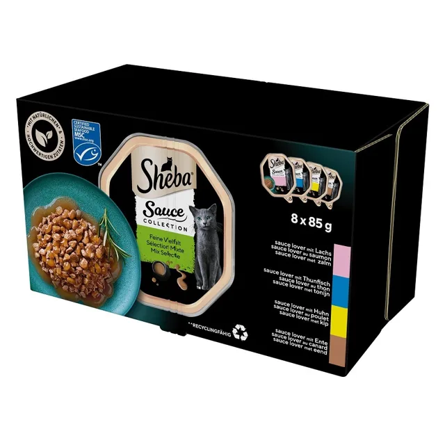 SHEBA Sauce Collection Mix příchutí 8x85g v omáčce s lososem, tuňákem, kuřecím masem, kachnou
