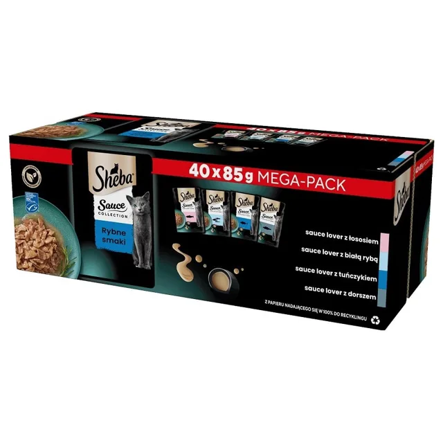 SHEBA Sauce Collection Příchutě ryb v omáčce 40x85 g s lososem, bílou rybou, tuňákem, treskou
