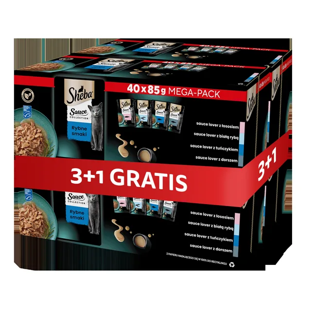 SHEBA Sauce Collection sáčky s rybími příchutěmi v omáčce 4 x 40x85 g s lososem, bílou rybou, tuňákem, treskou 3+1 ZDARMA