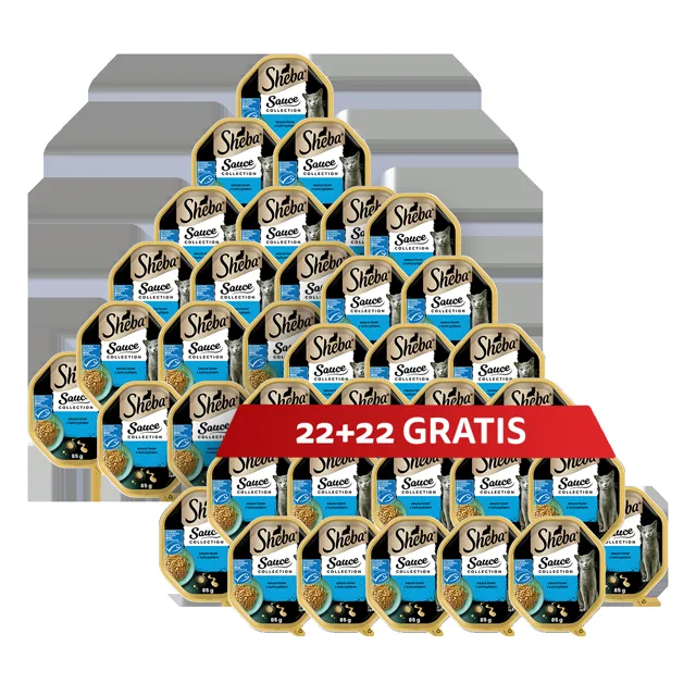 SHEBA Sauce Collection Tray 44 x 85 g kompletní mokré krmivo pro dospělé kočky kousky s tuňákem v omáčce 22+22 ZDARMA