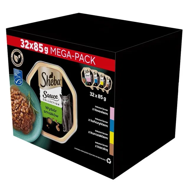 SHEBA Sauce Collection Výběr 4 příchutí 32x85 g Losos, tuňák, kuře a kachna