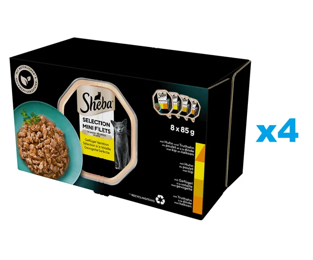 SHEBA Selection Drůbeží Smaki 32x85 g kompletní krmivo pro dospělé kočky v omáčce, kousky s kuřecím a krůtím masem, kuřecím masem, drůbeží, krůtí