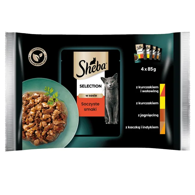 SHEBA Selection in Sauce Juicy Flavors kapsička - krmivo pro kočky v omáčce (s hovězím, jehněčím, kuřecím, krůtím) 4x85g