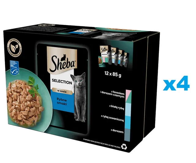 SHEBA Selection Rybí příchutě kapsičky 48x85 g kompletní krmivo pro dospělé kočky v omáčce, kousky lososa a černé tresky, bílé ryby, mořské ryby, treska