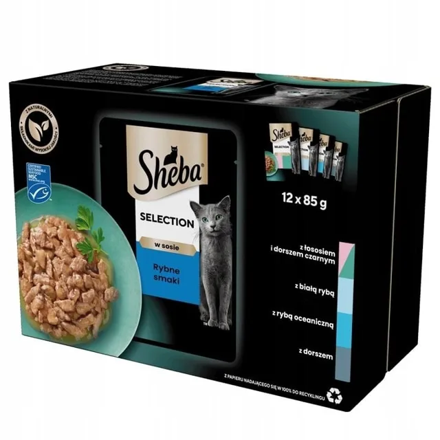 SHEBA Selection Rybí Smaki v omáčce 12x85g mokré krmivo s lososem a černou treskou, bílá ryba, mořské ryby, treska pro kočky