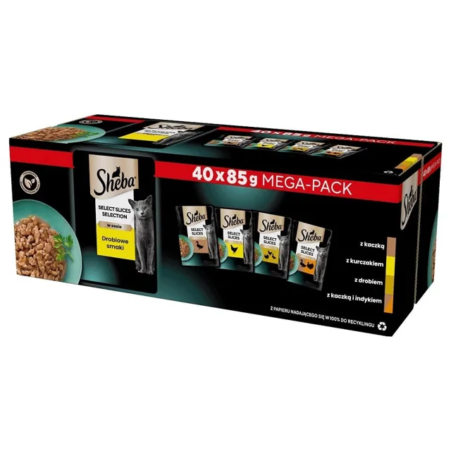 SHEBA Selection Select Slices Drůbeží příchutě 40x85 g v kouscích omáčky s: kachním, kuřecím, drůbežím, kachním a krůtím masem pro dospělé kočky