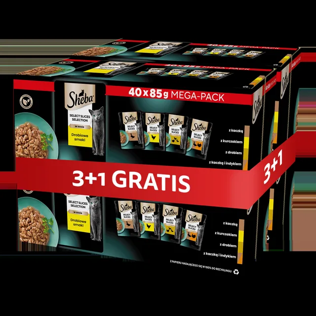 SHEBA Selection Select Slices drůbeží příchutě sáčky 4 x 40x85 g v omáčce kousky s: kachnou, kuřetem, drůbeží, kachnou a krůtou pro dospělé kočky 3+1 ZDARMA