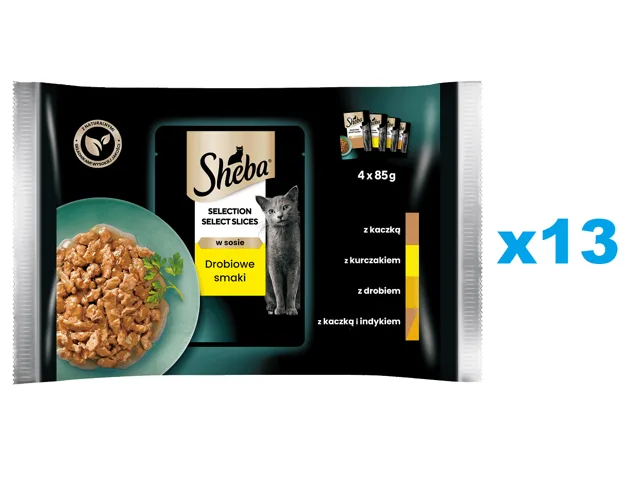 SHEBA Selection Select Slices Drůbeží Smaki kapsičky 52x85 g kompletní krmivo pro dospělé kočky v omáčce, kousky s kachnou, kuřecím masem, drůbeží, kachnou a krůtou