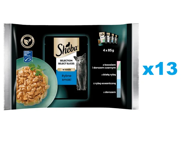 SHEBA Selection Select Slices Rybí Smaki 52x85g kompletní krmivo pro kočky v omáčce, kousky s lososem a černou treskou, bílé ryby, mořské ryby, treska
