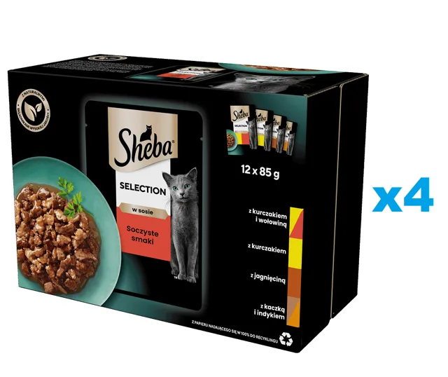 SHEBA Selection šťavnaté Smaki kapsičky 48x85 g kompletní krmivo pro dospělé kočky v omáčce, kousky s kuřecím a hovězím masem, kuřecím, jehněčím, kachním a krůtím masem