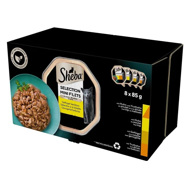 SHEBA Selection tác drůbeží příchutě 8x85 g v omáčce s kuřecím a krůtím masem, kuřecím masem, drůbeží, krůtím masem