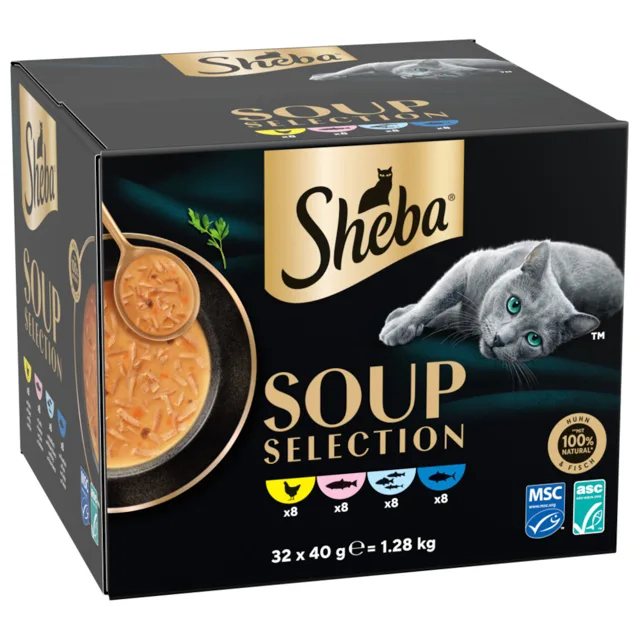 Sheba Soup Selection 32 x 40 g - míchané balení (kuře, tuňák, mořská ryba a losos)