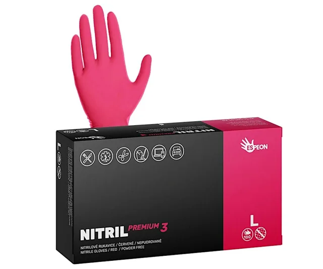 Silné nitrilové rukavice Espeon Nitril Premium 3 - 100 ks, červené, velikost L (100160) + dárek zdarma