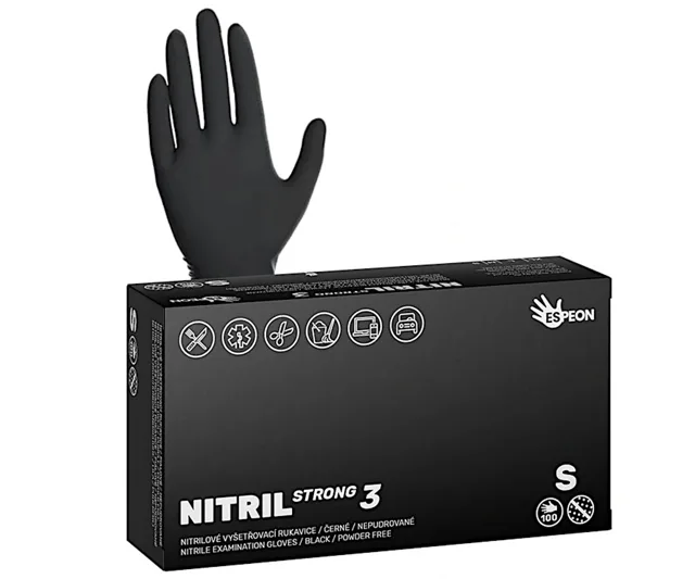 Silné nitrilové rukavice se zdrsněným povrchem Espeon Nitril Strong 3 - 100 ks, černé, velikost S (100103) + dárek zdarma
