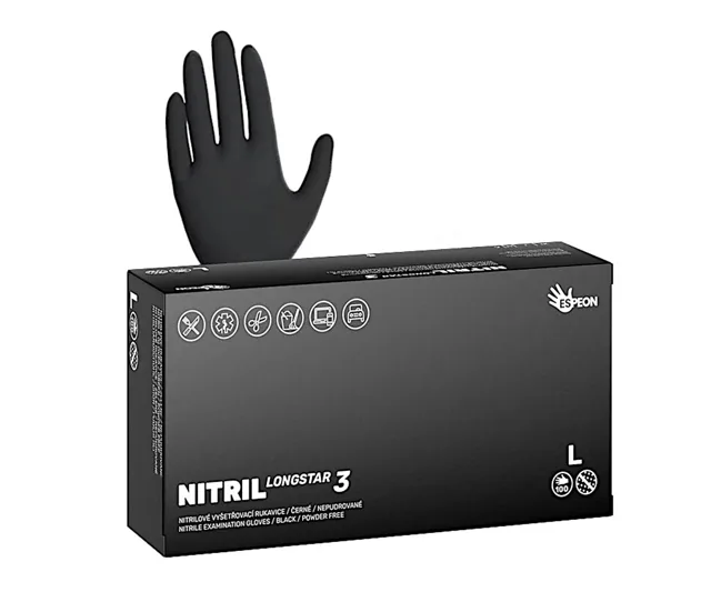 Silné prodloužené nitrilové rukavice se zdrsněným povrchem Espeon Nitril Longstar 3 - 100 ks, černé, velikost L (100193) + dárek zdarma