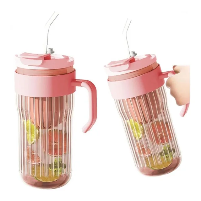 Skleněný růžový pohár se sítkem a brčkem - 550 ml