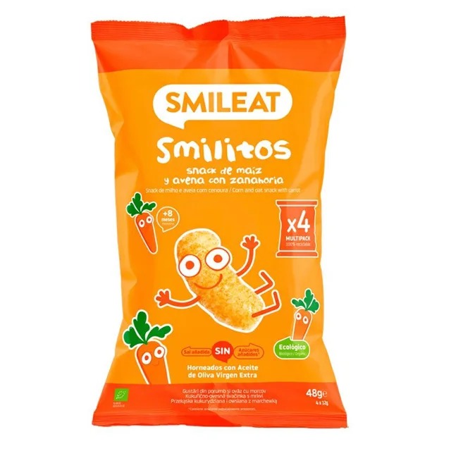 Smileat BIO kukuřičné křupky oves, mrkev s panenským olivovým olejem a vitaminem B1 8M+, 4x12 g