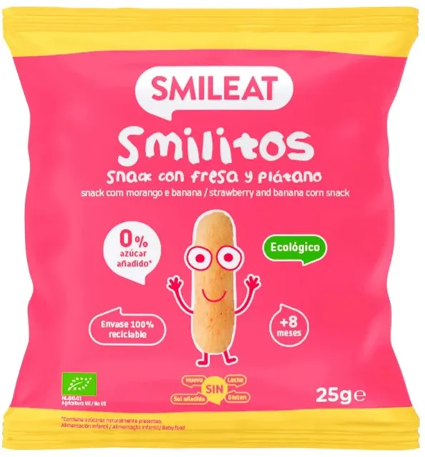 Smileat kukuřičné křupky banán a jahoda s panenským olivovým olejem 8M+, BIO, 25 g