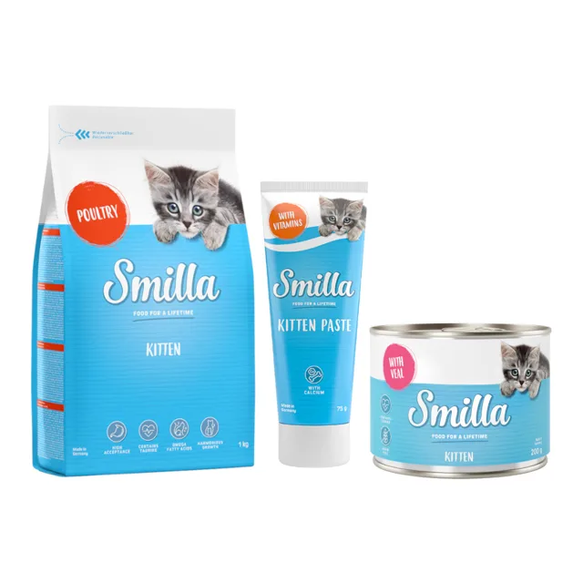 Smilla Kitten startovací balíček - 1 kg granule + 6 x 200 g telecí konzervy