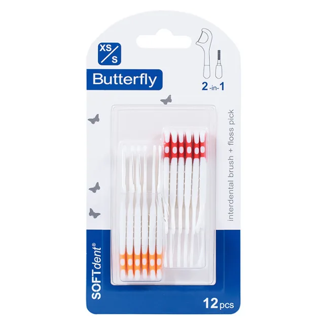 SOFTDENT Butterfly Mezizubní kartáček + párátko XS/S 12 kusů