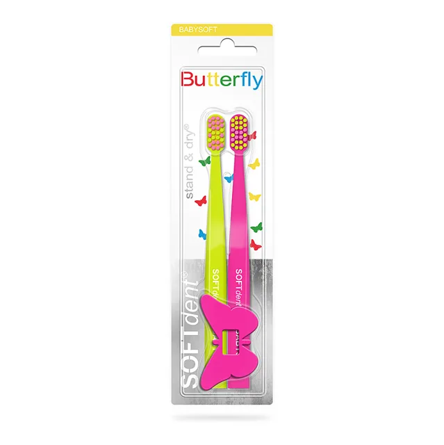 SOFTDENT Dětský zubní kartáček Butterfly Stand&Dry 2 kusy