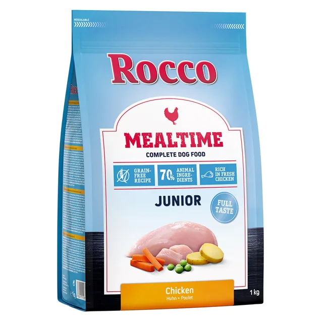 Startovací sada Rocco Mealtime Junior kuřecí 1 kg + konzervy Rocco Junior 6 x 400 g - Rocco Mealtime Junior kuřecí + Rocco Junior 6 x 400 g krůtí s telecími srdci a rýží