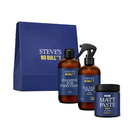 Steves No Bull***t šampon na vlasy a vousy 250 ml + stylingový sprej s mořskou solí 250 ml + stylingová pasta 100 ml