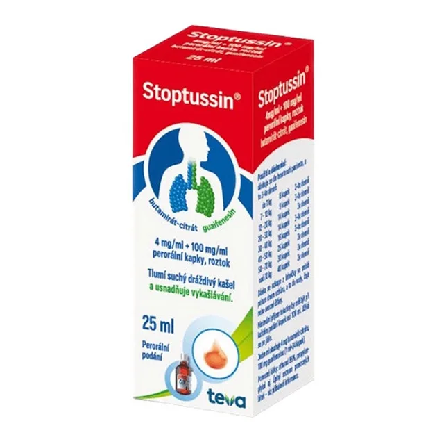 STOPTUSSIN 4 mg/ml + 100 mg/ml perorální kapky, roztok 25 ml
