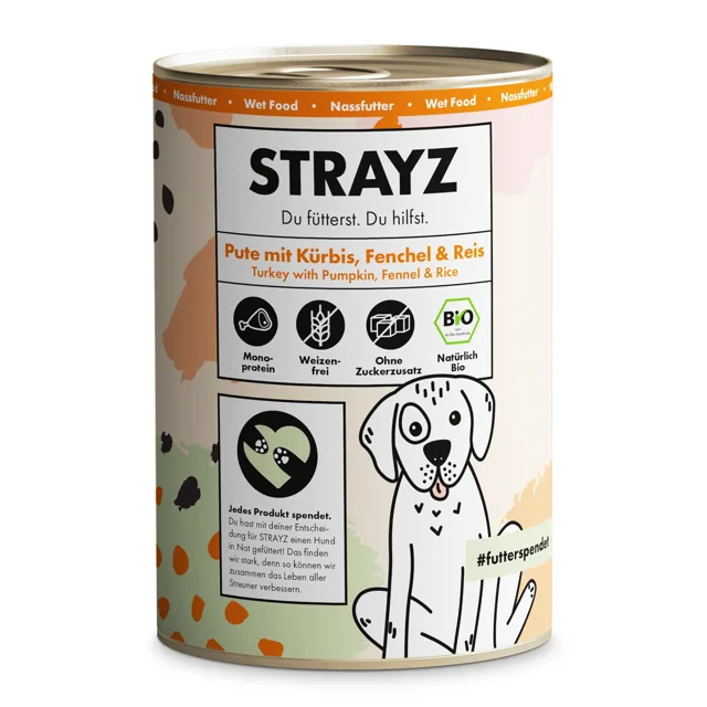 STRAYZ BIO 6 x 400 g - Bio krůtí maso s bio dýní, bio fenyklem a bio rýží