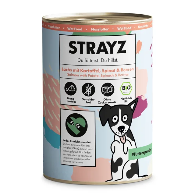 STRAYZ BIO 6 x 400 g - ​​​​​​​Bio losos s bio bramborami, bio špenátem a bio lesními plody