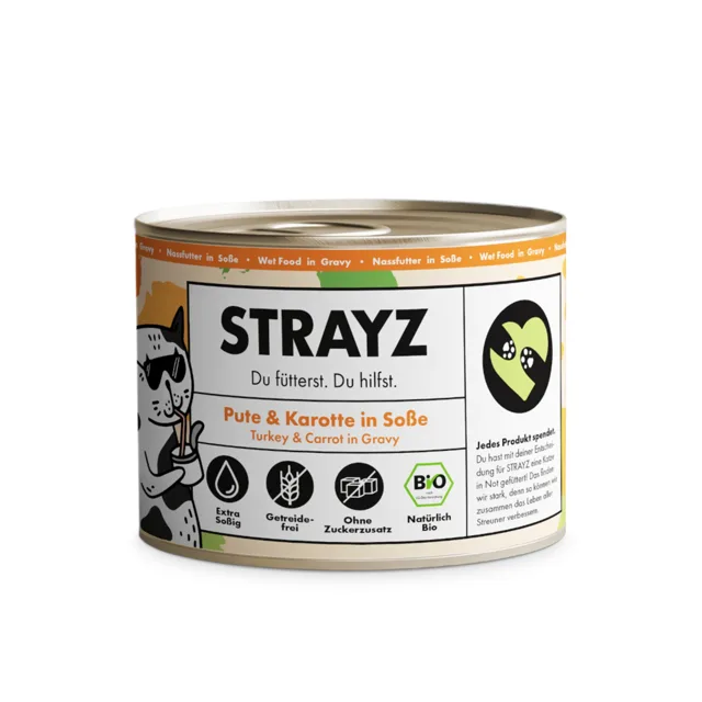 STRAYZ BIO kočka 6 x 200 g  - bio-krůtí a bio-mrkev v omáčce