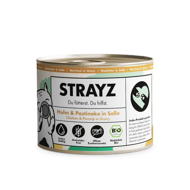 STRAYZ BIO kočka 6 x 200 g - bio-kuřecí a bio-pastinák v omáčce