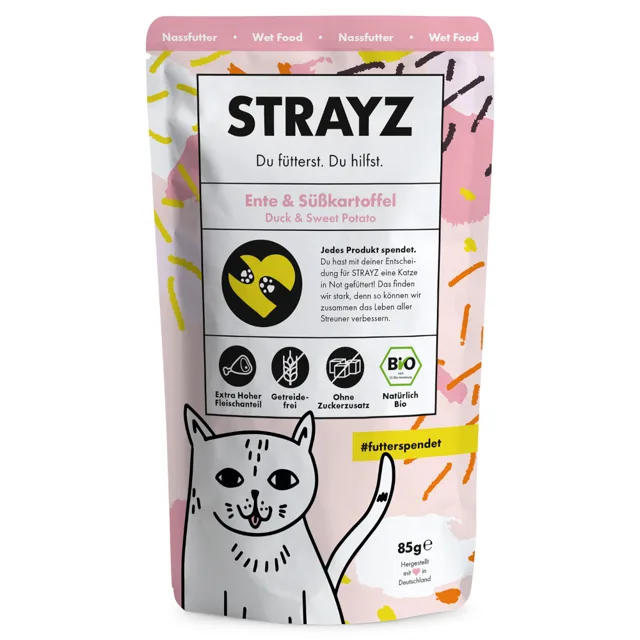 STRAYZ BIO Pouch 12 x 85 g výhodné balení  - bio-kachna a bio-batát