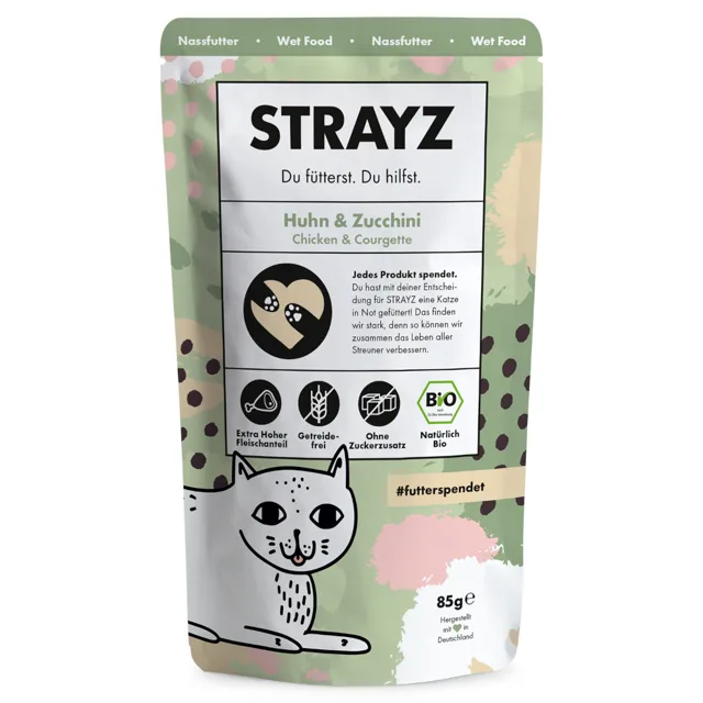 STRAYZ BIO Pouch 12 x 85 g výhodné balení  - bio kuře a bio cuketa