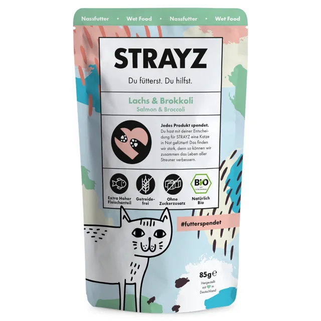 STRAYZ BIO Pouch 12 x 85 g výhodné balení  - bio losos a bio brokolice