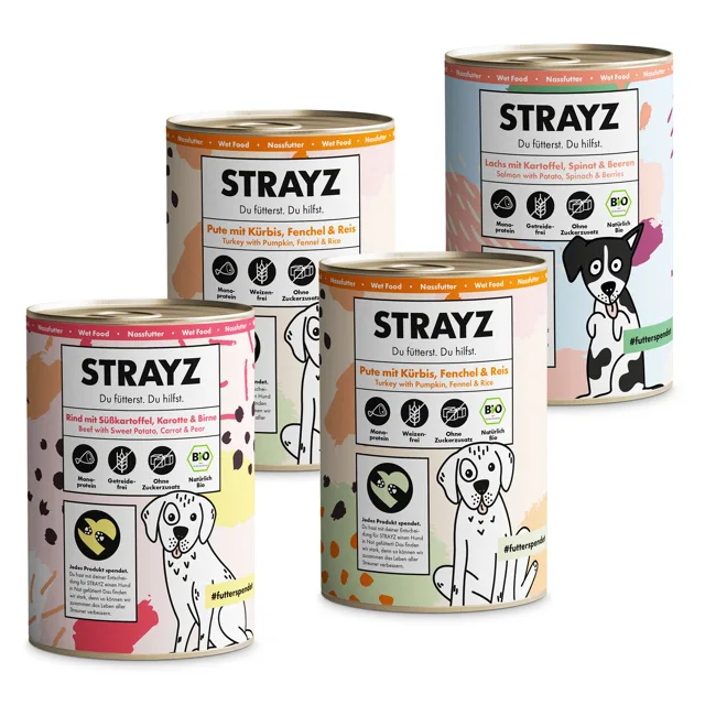 STRAYZ BIO vlhké krmivo pro psy 4 × 400 g - BIO ochutnávkový balíček (3 druhy)