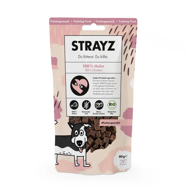 STRAYZ BIO výcvikový snack - výhodné balení: 4 x 80 g (bio kuřecí maso)