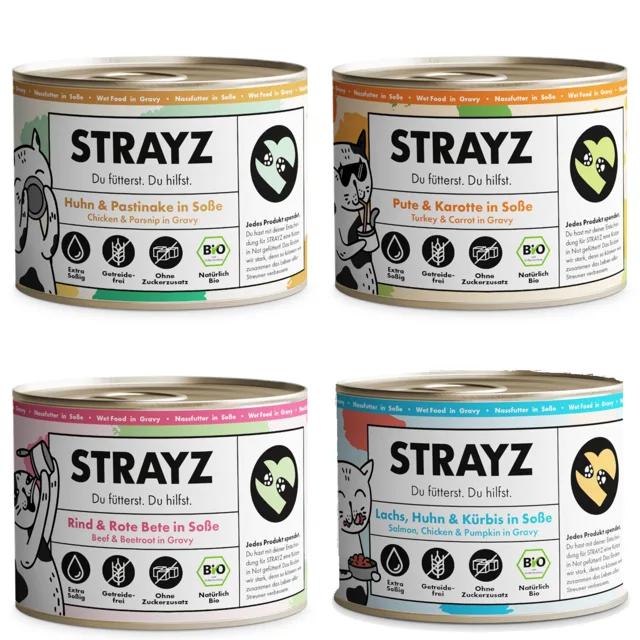 STRAYZ vlhké krmivo pro kočky BIO 8 × 200 g - BIO ochutnávací balíček (4 druhy)