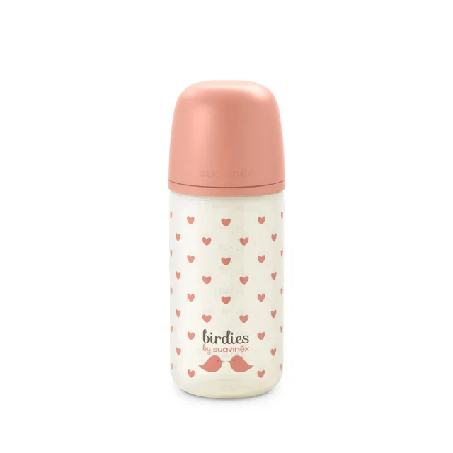 Suavinex Láhev skleněná fyziologická BIRDIES 240 ml 1 ks růžová