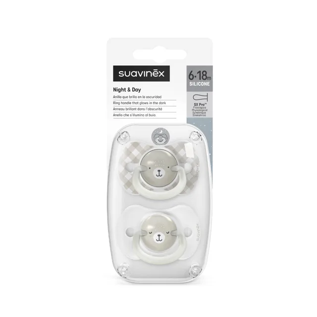 Suavinex Šidítko DEN&NOC fyziologické silikonové WILD&FREE 6-18m 2 ks šedé
