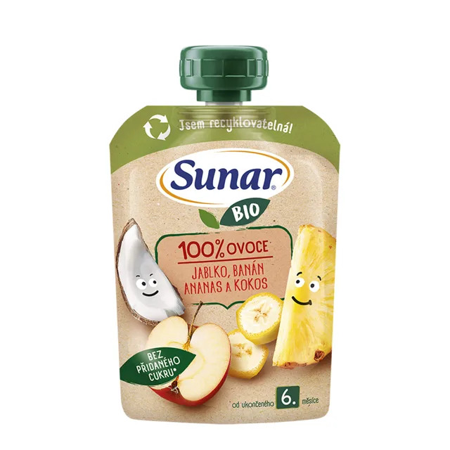 Sunar BIO Jablko, banán, ananas, kokos 6m+ kapsička 100 g