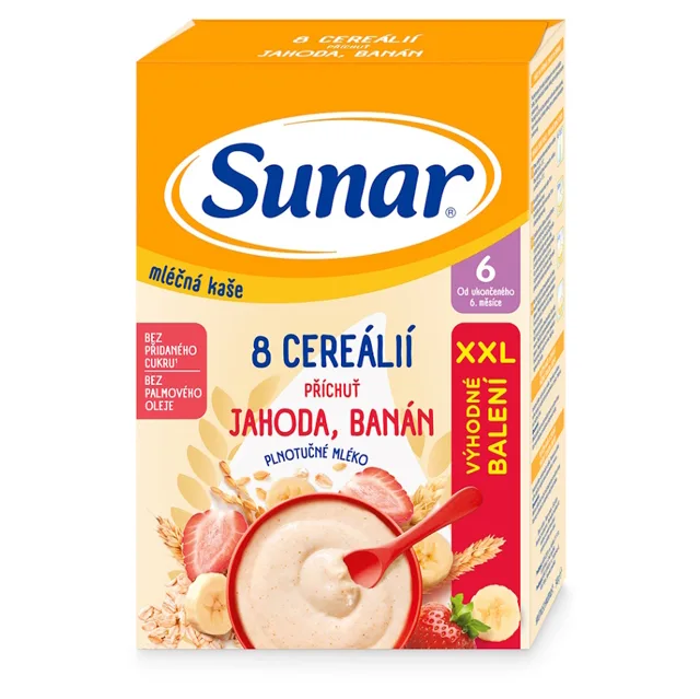 SUNAR Mléčná kaše 8 cereálií jahoda banán 6m+ 340 g