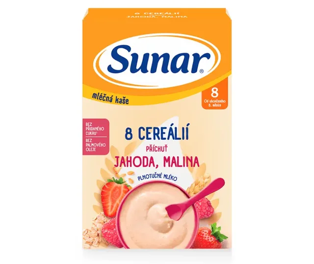 Sunar mléčná kaše 8 cereálií jahoda malina 210 g