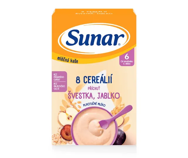 Sunar mléčná kaše 8 cereálií švestka jablko 210 g