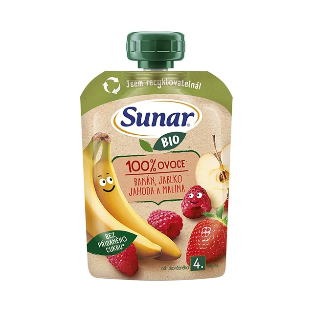 SUNAR Ovocná kapsička banán jablko jahoda malina 4m+ BIO 100 g