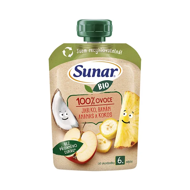 SUNAR Ovocná kapsička jablko banán ananas kokos 6m+ BIO 100 g