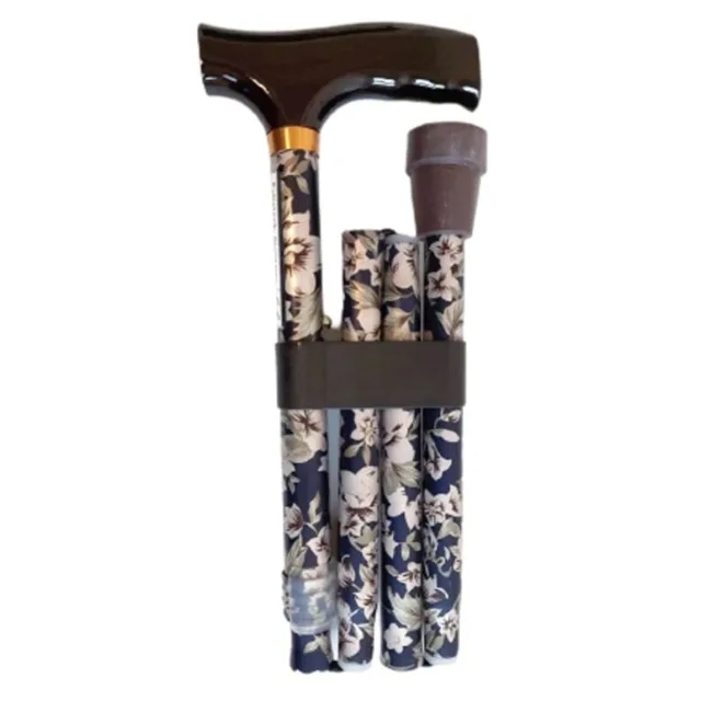 SUNDO Skládací podpůrná hůl s dřevěnou rukojetí, 85 - 95 cm, květinová modrá