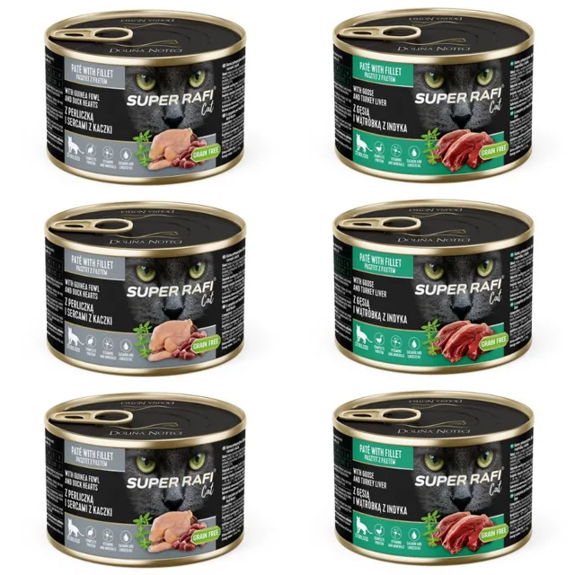 SUPER RAFI Cat Mix 2 příchutě 6x185g konzervy pro kastrované kočky